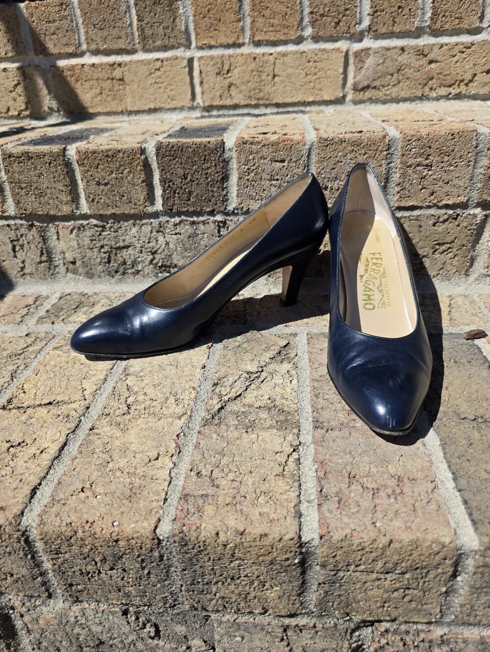 Salvatore Ferragamo Navy Leather Pointed-Toe Pumps
